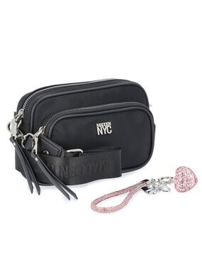 Madden NYC Women's Nylon Camera Handbag with Charm Keychain Black Nylon NEW
